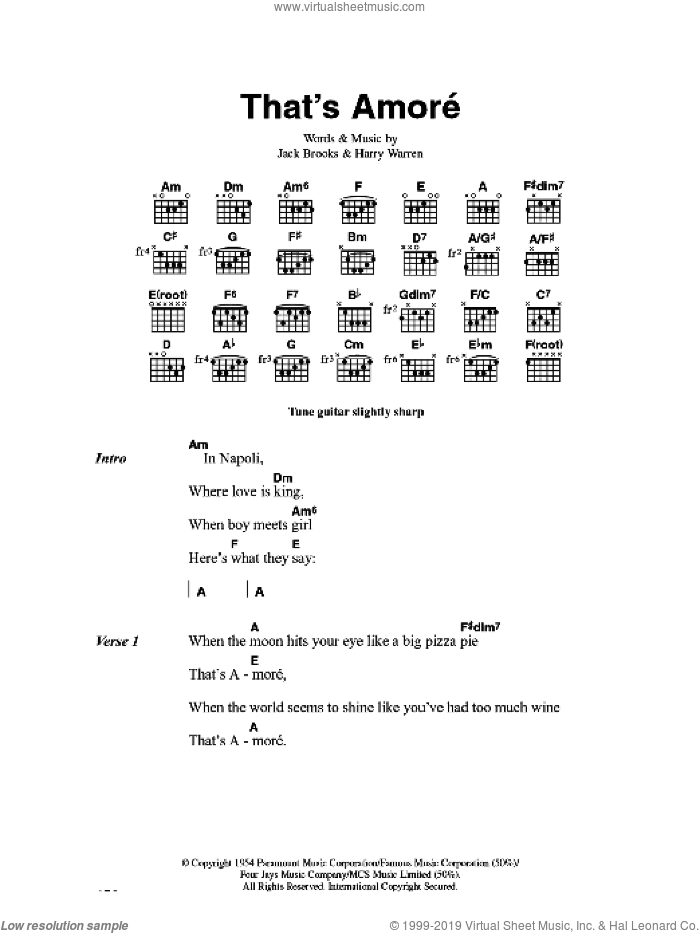 That's Amore sheet music for guitar (chords) by Dean Martin, Harry Warren and Jack Brooks, intermediate skill level