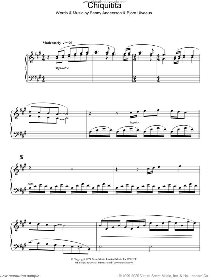 Chiquitita, (intermediate) sheet music for piano solo by ABBA, Benny Andersson and Bjorn Ulvaeus, intermediate skill level