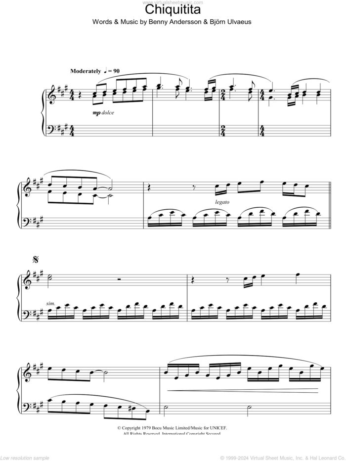 Chiquitita, (intermediate) sheet music for piano solo by ABBA, Benny Andersson and Bjorn Ulvaeus, intermediate skill level