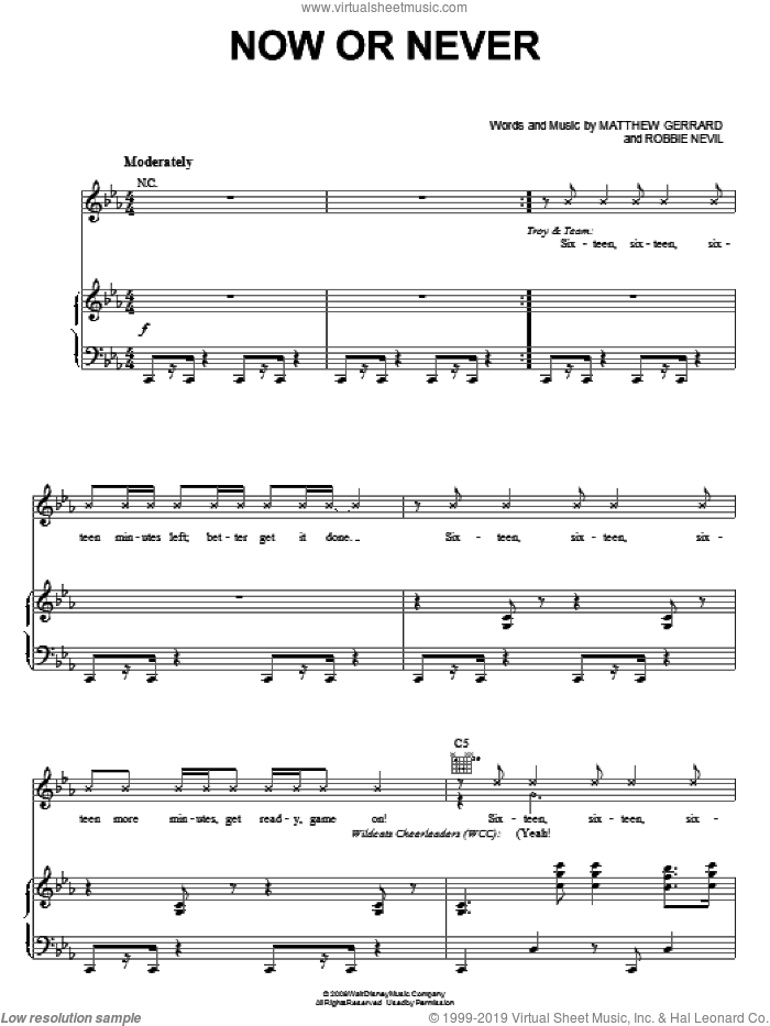 Now Or Never sheet music for voice, piano or guitar by High School Musical 3, Matthew Gerrard and Robbie Nevil, intermediate skill level