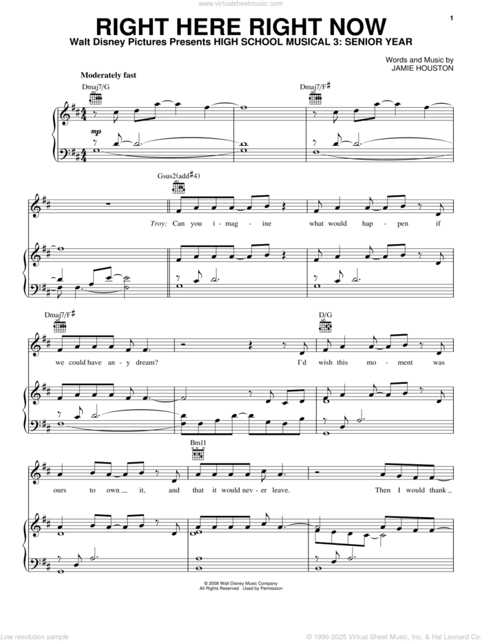 Right Here Right Now sheet music for voice, piano or guitar by High School Musical 3 Cast, High School Musical 3 and Jamie Houston, intermediate skill level