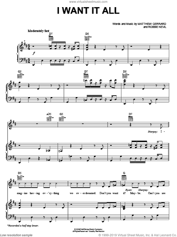 I Want It All sheet music for voice, piano or guitar by High School Musical 3, Matthew Gerrard and Robbie Nevil, intermediate skill level