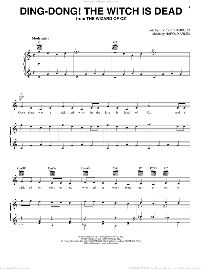 Ding-Dong! The Witch Is Dead sheet music for voice, piano or guitar by Harold Arlen, Glenn Miller, Judy Garland, The Wizard Of Oz (Movie) and E.Y. Harburg, intermediate skill level