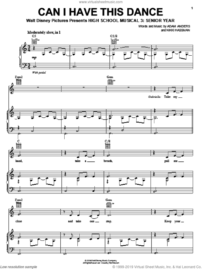 Can I Have This Dance sheet music for voice, piano or guitar by High School Musical 3, Adam Anders and Nikki Hassman, intermediate skill level