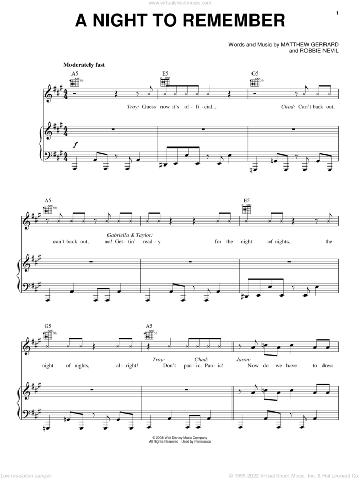 A Night To Remember sheet music for voice, piano or guitar by High School Musical 3, Matthew Gerrard and Robbie Nevil, intermediate skill level