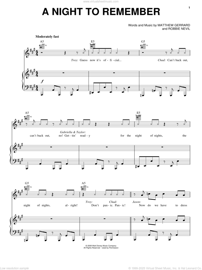 A Night To Remember sheet music for voice, piano or guitar by High School Musical 3 Cast, High School Musical 3, Matthew Gerrard and Robbie Nevil, intermediate skill level