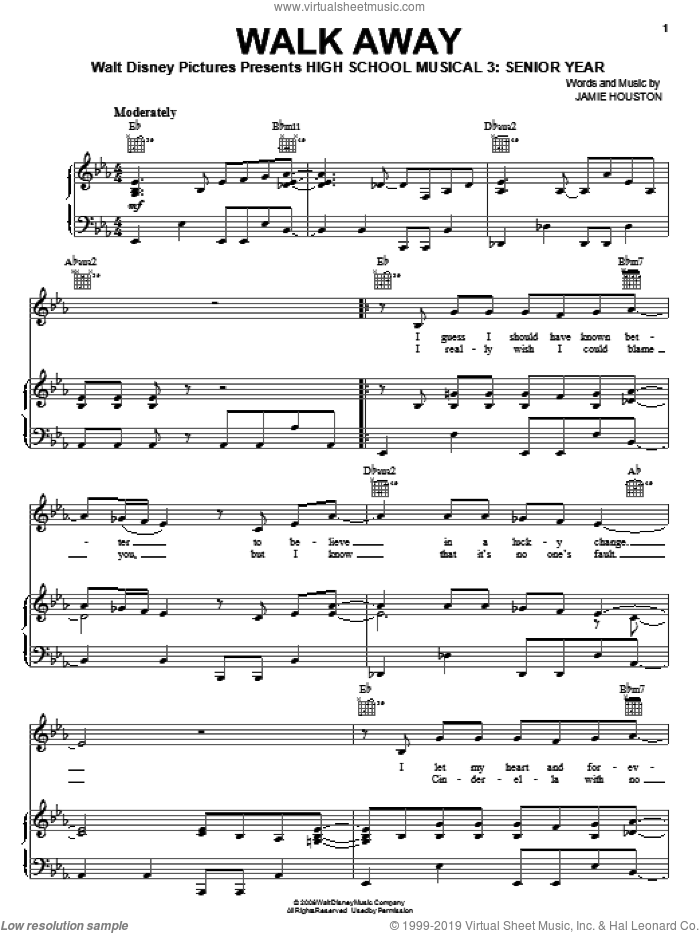 Walk Away sheet music for voice, piano or guitar by High School Musical 3 and Jamie Houston, intermediate skill level