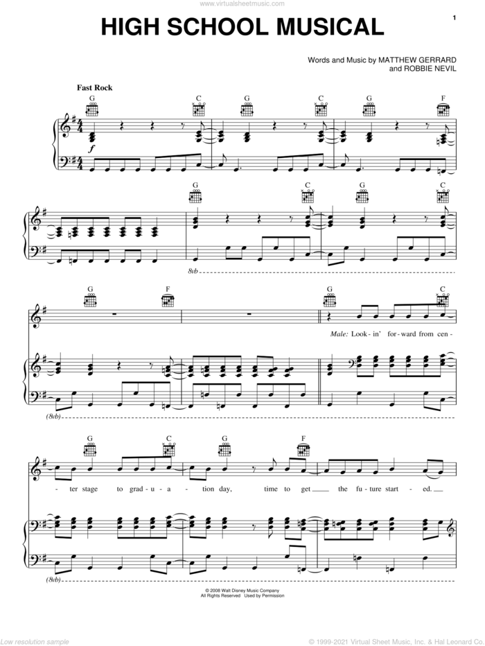 High School Musical sheet music for voice, piano or guitar by High School Musical 3, Matthew Gerrard and Robbie Nevil, intermediate skill level