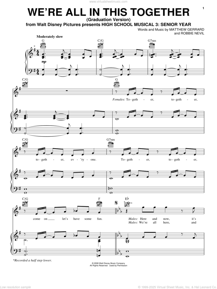 We're All In This Together (Graduation Version) (from High School Musical 3: Senior Year) sheet music for voice, piano or guitar by High School Musical 3 Cast, High School Musical 3, Matthew Gerrard and Robbie Nevil, intermediate skill level