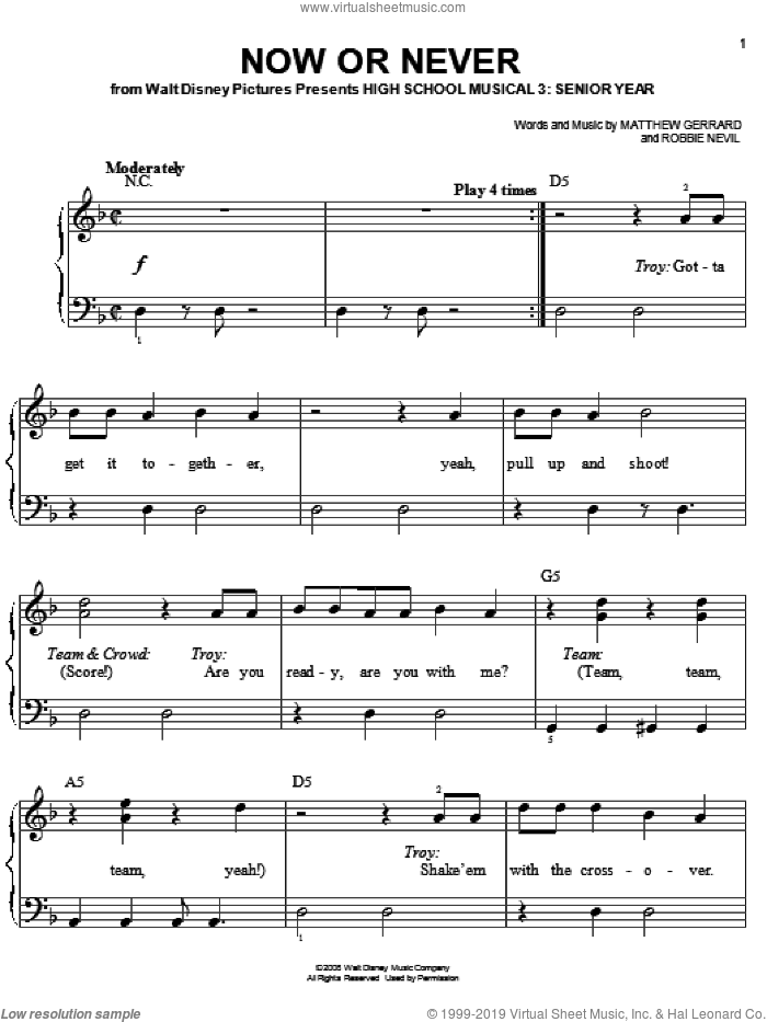 Now Or Never sheet music for piano solo by High School Musical 3, Matthew Gerrard and Robbie Nevil, easy skill level