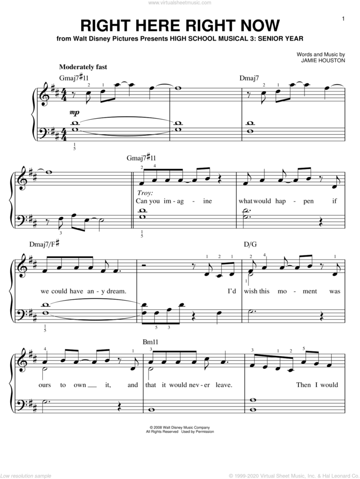 Right Here Right Now, (easy) sheet music for piano solo by High School Musical 3 and Jamie Houston, easy skill level