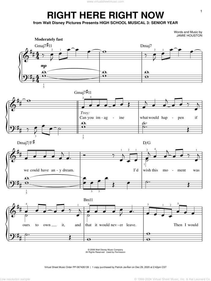 Right Here Right Now sheet music for piano solo by High School Musical 3 Cast, High School Musical 3 and Jamie Houston, easy skill level