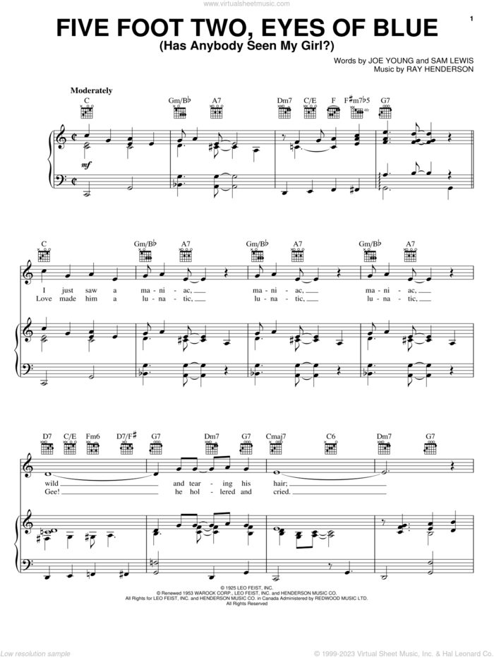 Five Foot Two, Eyes Of Blue (Has Anybody Seen My Girl?) sheet music for voice, piano or guitar by Dean Martin, Joe Young, Ray Henderson and Sam Lewis, intermediate skill level