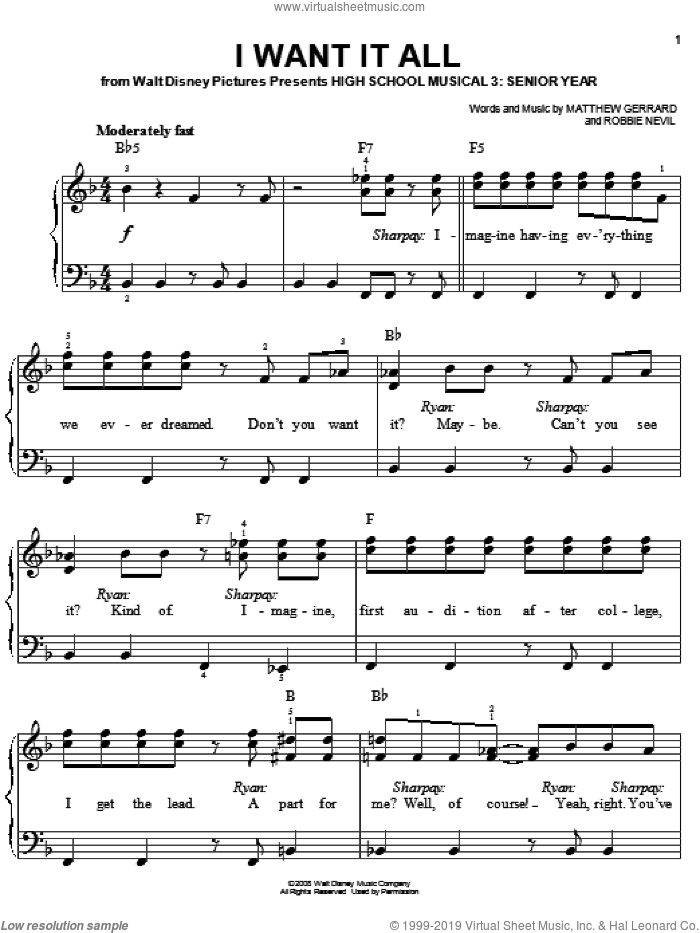 I Want It All sheet music for piano solo by High School Musical 3, Matthew Gerrard and Robbie Nevil, easy skill level