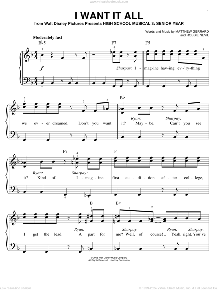 I Want It All sheet music for piano solo by High School Musical 3 Cast, High School Musical 3, Matthew Gerrard and Robbie Nevil, easy skill level