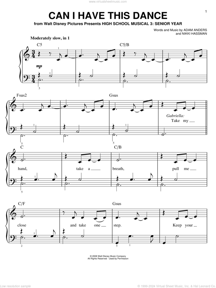 Can I Have This Dance sheet music for piano solo by High School Musical 3 Cast, High School Musical 3, Adam Anders and Nikki Hassman, easy skill level