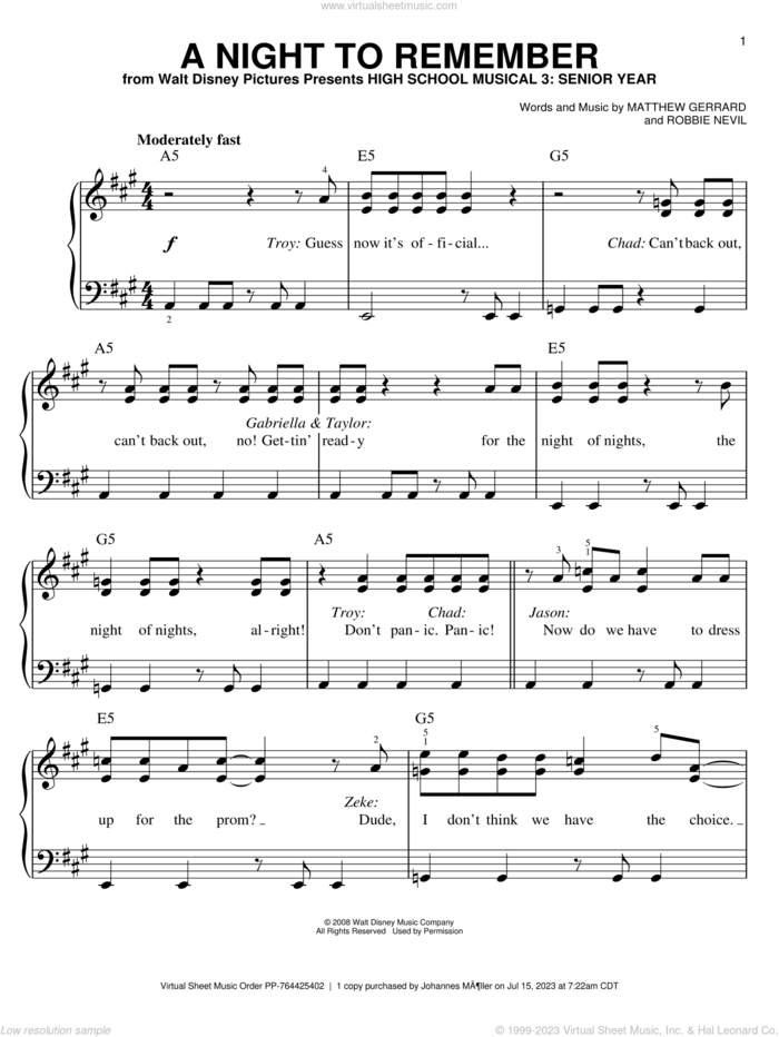 A Night To Remember sheet music for piano solo by High School Musical 3, Matthew Gerrard and Robbie Nevil, easy skill level