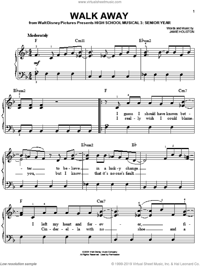 Walk Away, (easy) sheet music for piano solo by High School Musical 3 and Jamie Houston, easy skill level