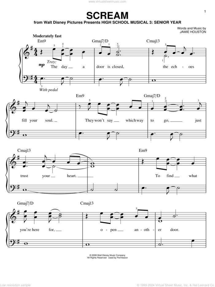 Scream sheet music for piano solo by High School Musical 3 Cast, High School Musical 3 and Jamie Houston, easy skill level