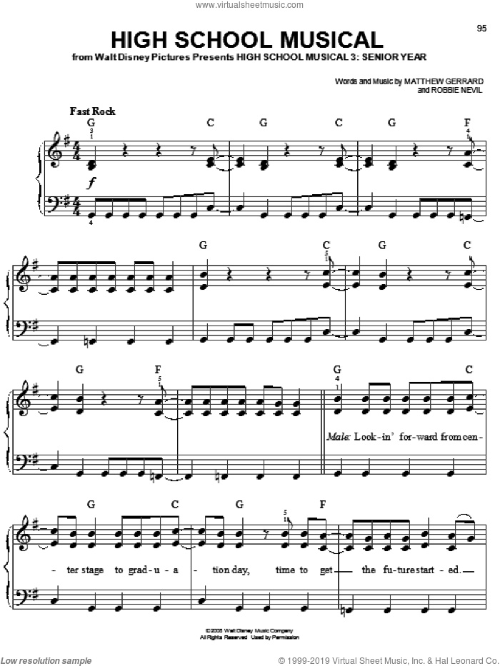High School Musical sheet music for piano solo by High School Musical 3, Matthew Gerrard and Robbie Nevil, easy skill level