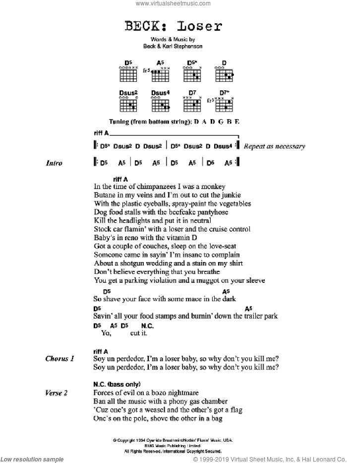 Loser sheet music for guitar (chords) by Beck Hansen and Karl Stephenson, intermediate skill level