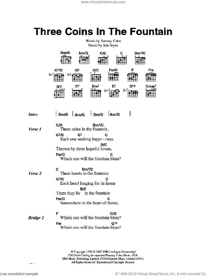 Three Coins In The Fountain sheet music for guitar (chords) by Frank Sinatra, Jule Styne and Sammy Cahn, intermediate skill level