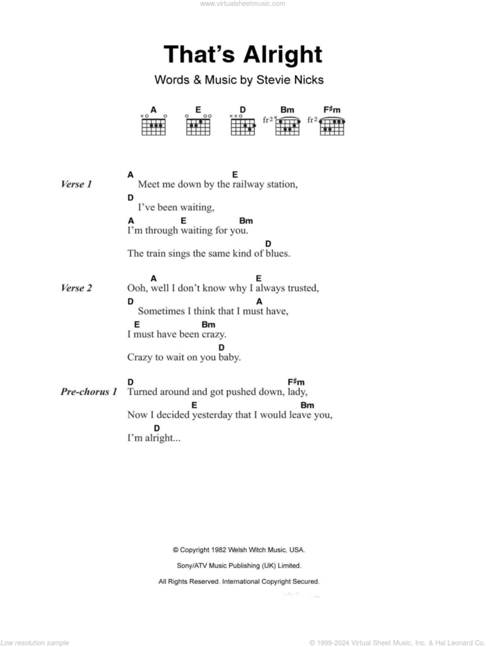 That's Alright sheet music for guitar (chords) by Fleetwood Mac and Stevie Nicks, intermediate skill level