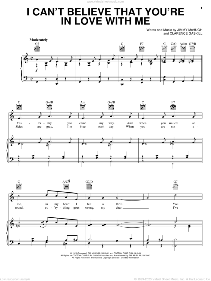 I Can't Believe That You're In Love With Me sheet music for voice, piano or guitar by Billie Holiday, Duke Ellington, Louis Armstrong, Clarence Gaskill and Jimmy McHugh, intermediate skill level
