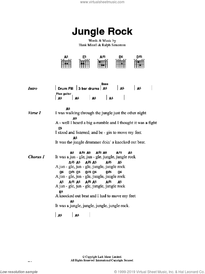 Jungle Rock sheet music for guitar (chords) by Hank Mizell and Ralph Simonton, intermediate skill level