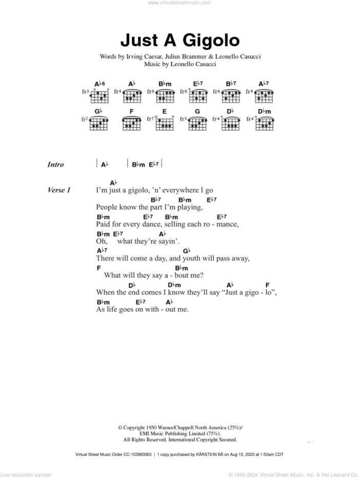 Just A Gigolo sheet music for guitar (chords) by Louis Prima, Leonello Casucci, Irving Caesar and Julius Brammer, intermediate skill level