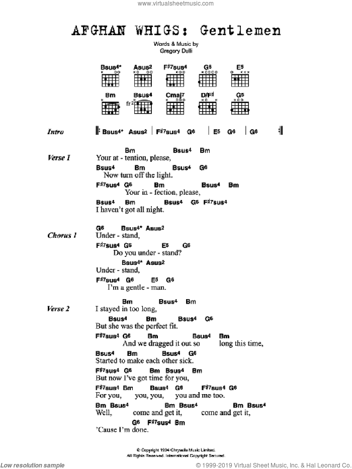 Gentlemen sheet music for guitar (chords) by The Afghan Whigs and Gregory Dulli, intermediate skill level