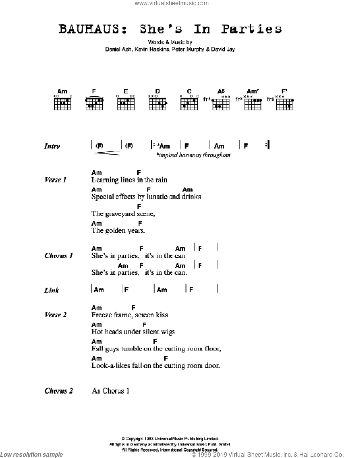 She's In Parties sheet music for guitar (chords) by Bauhaus, Daniel Ash, David Jay, Kevin Haskins and Peter Murphy, intermediate skill level