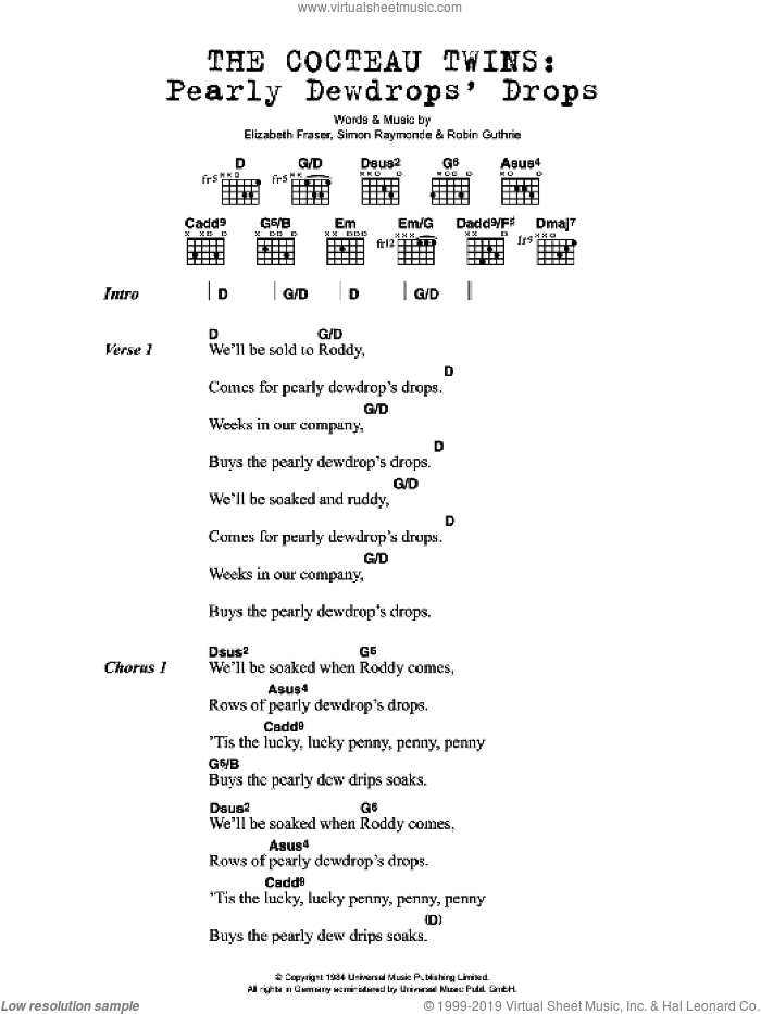 Pearly Dewdrops' Drops sheet music for guitar (chords) by Cocteau Twins, Elizabeth Fraser, Robin Guthrie and Simon Raymonde, intermediate skill level