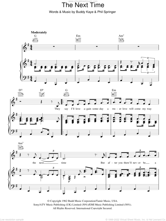 The Next Time sheet music for voice, piano or guitar by Cliff Richard, Buddy Kaye and Phil Springer, intermediate skill level