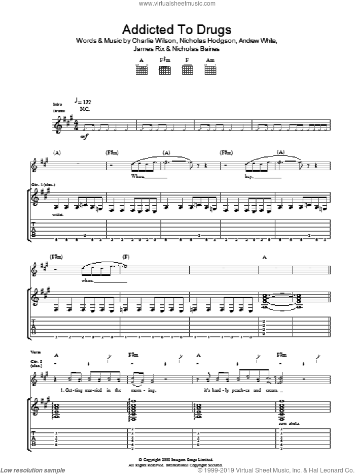 Addicted To Drugs sheet music for guitar (tablature) by Kaiser Chiefs, Andrew White, Charlie Wilson, James Rix, Nicholas Baines and Nicholas Hodgson, intermediate skill level