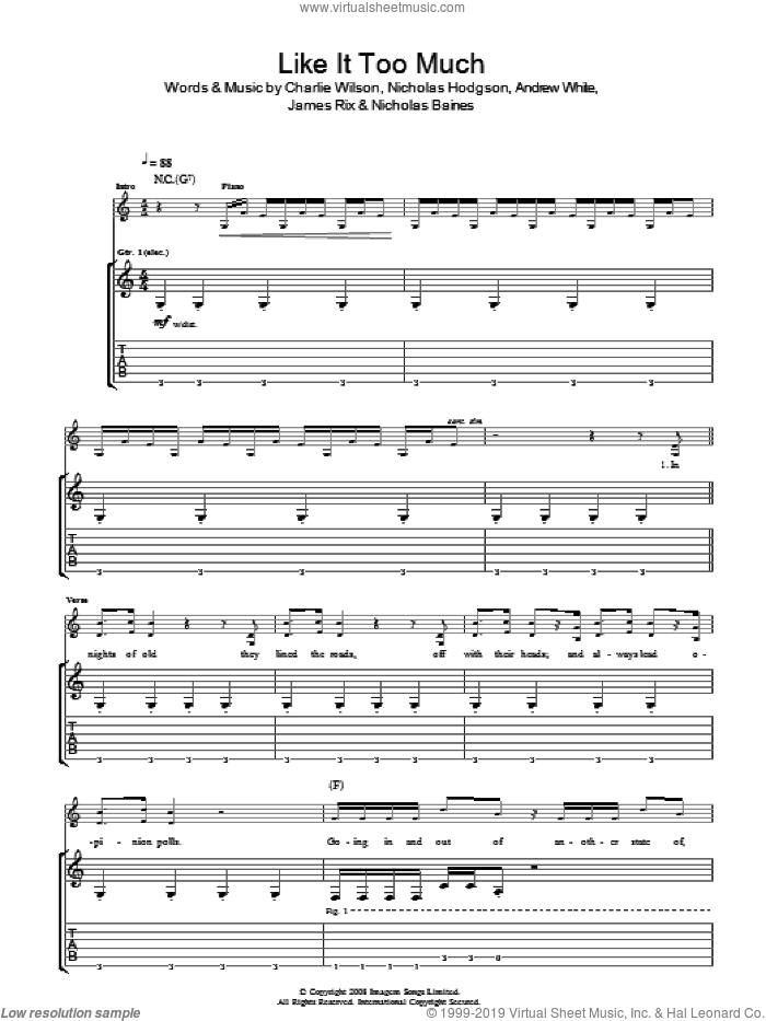 Like It Too Much sheet music for guitar (tablature) by Kaiser Chiefs, Andrew White, Charlie Wilson, James Rix, Nicholas Baines and Nicholas Hodgson, intermediate skill level