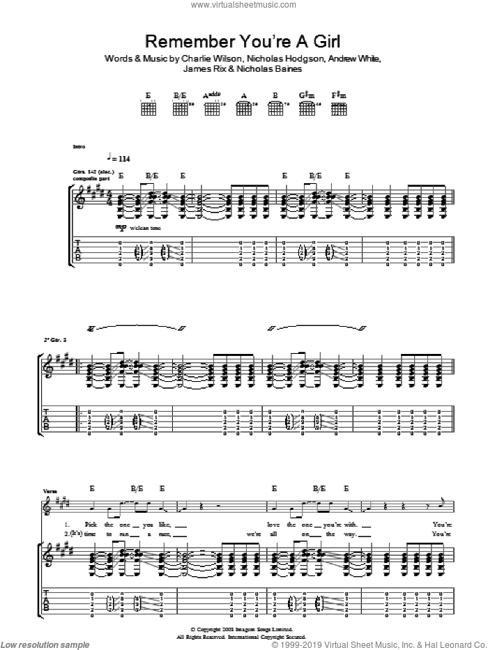 Remember You're A Girl sheet music for guitar (tablature) by Kaiser Chiefs, Andrew White, Charlie Wilson, James Rix, Nicholas Baines and Nicholas Hodgson, intermediate skill level