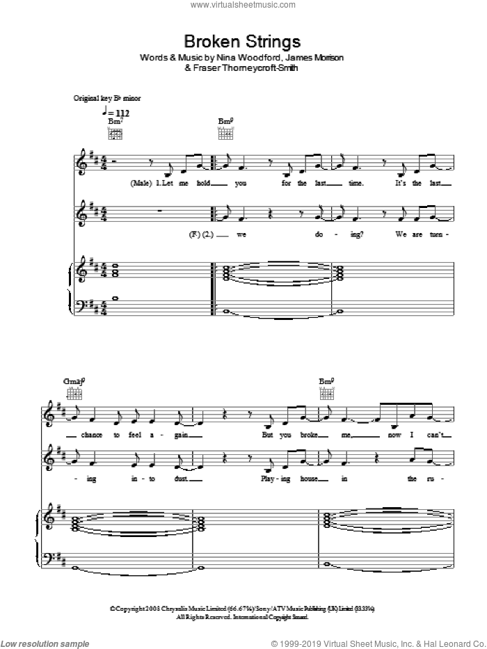 Broken Strings sheet music for voice, piano or guitar by James Morrison featuring Nelly Furtado, James Morrison, Nelly Furtado, Fraser Thorneycroft-Smith and Nina Woodford, intermediate skill level