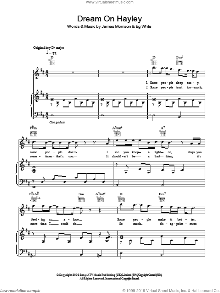 Dream On Hayley sheet music for voice, piano or guitar by James Morrison and Eg White, intermediate skill level
