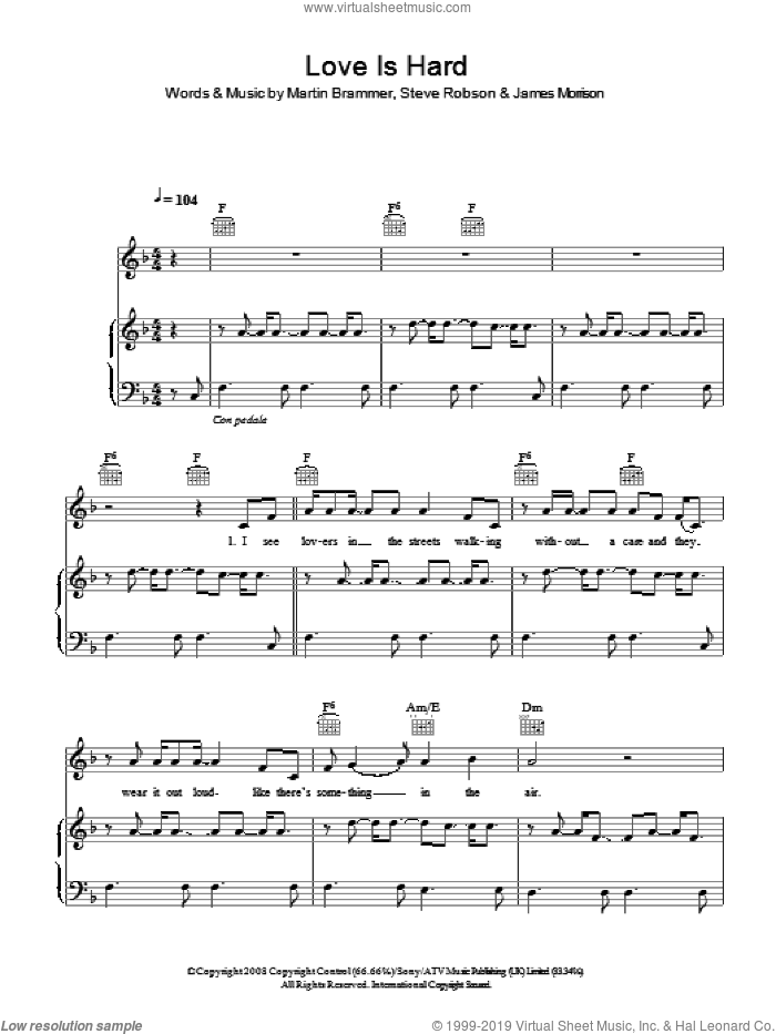 Love Is Hard sheet music for voice, piano or guitar by James Morrison, Martin Brammer and Steve Robson, intermediate skill level