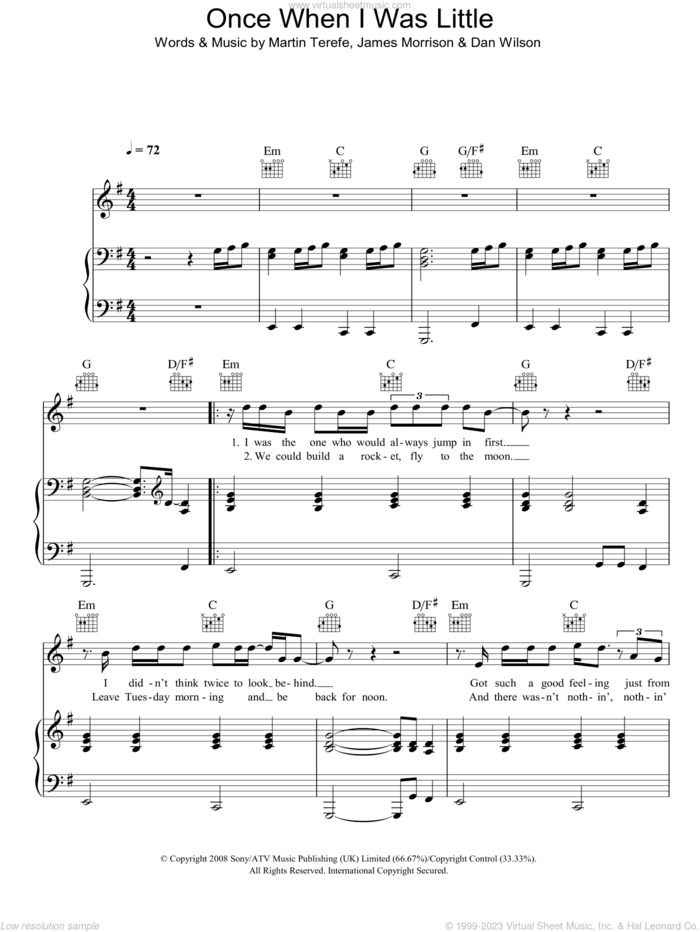 Once, When I Was Little sheet music for voice, piano or guitar by James Morrison, Dan Wilson and Martin Terefe, intermediate skill level