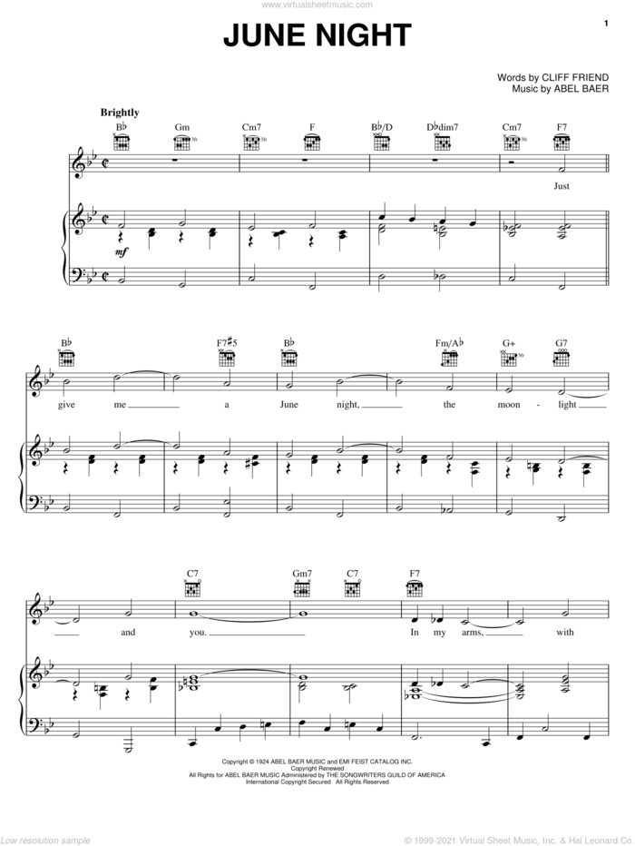June Night sheet music for voice, piano or guitar by Gloria Lynne, Abel Baer and Cliff Friend, intermediate skill level