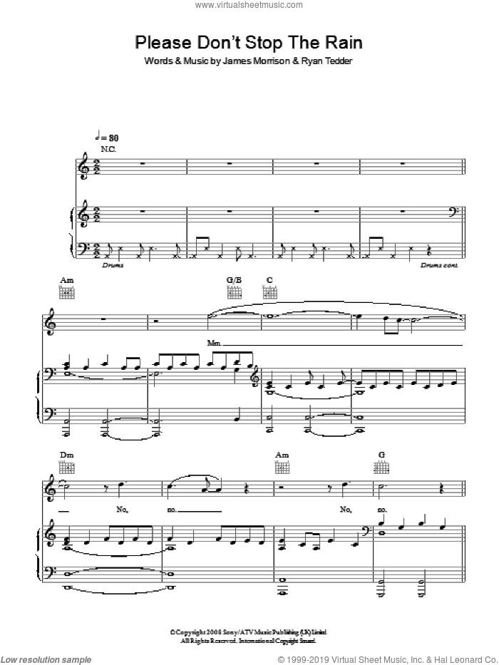 Please Don't Stop The Rain sheet music for voice, piano or guitar by James Morrison and Ryan Tedder, intermediate skill level