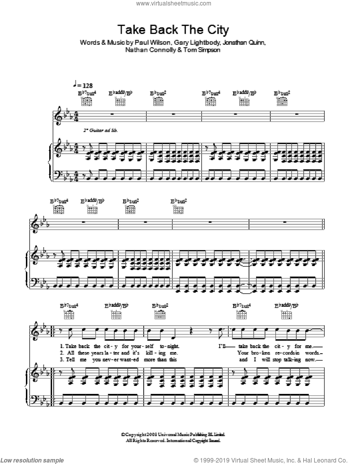 Take Back The City sheet music for voice, piano or guitar by Snow Patrol, Gary Lightbody, Jonathan Quinn, Nathan Connolly, Paul Wilson and Tom Simpson, intermediate skill level
