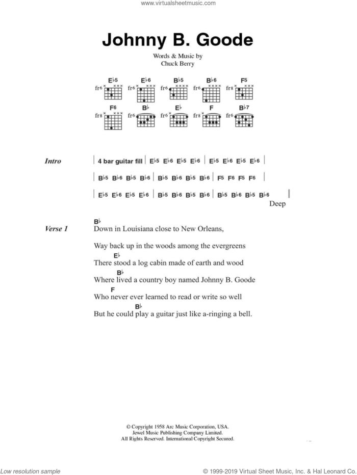 Johnny B. Goode sheet music for guitar (chords) by Chuck Berry, intermediate skill level