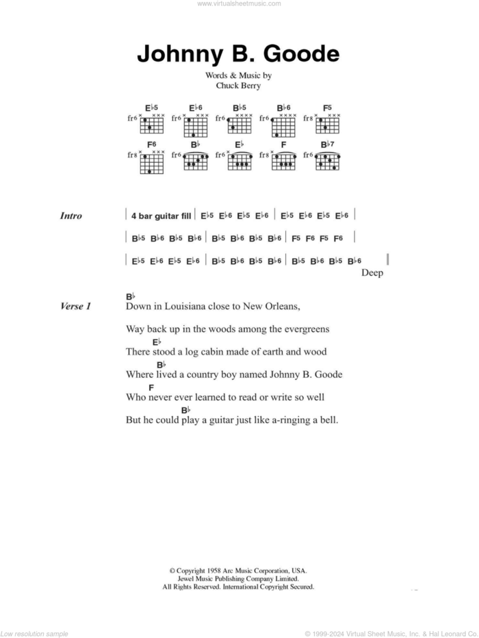 Johnny B. Goode sheet music for guitar (chords) by Chuck Berry, intermediate skill level