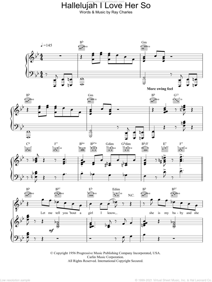 Hallelujah I Love Her So sheet music for voice, piano or guitar by Ray Charles, intermediate skill level