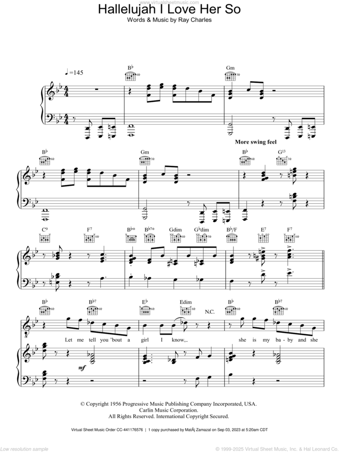 Hallelujah I Love Her So sheet music for voice, piano or guitar by Ray Charles, intermediate skill level