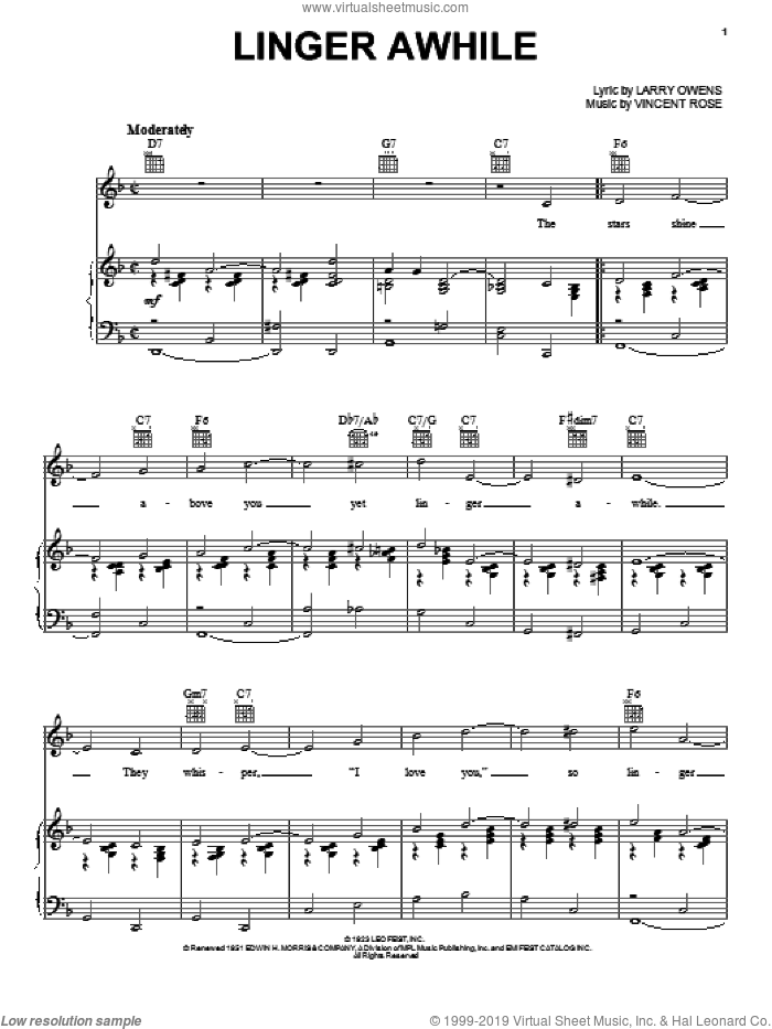 Linger Awhile sheet music for voice, piano or guitar by Duke Ellington, Ben Webster, Sarah Vaughan, Harry Owens and Vincent Rose, intermediate skill level