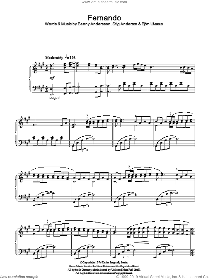 Fernando, (intermediate) sheet music for piano solo by ABBA, Benny Andersson, Bjorn Ulvaeus and Stig Anderson, intermediate skill level